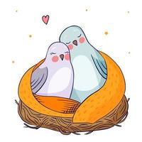 Two birds in love in the nest. Birds in hand drawn style isolated on a white background. Valentines day. vector