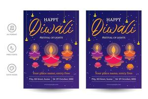 Happy Diwali festival background with Oil Lamps and flowers, flyer, vector template