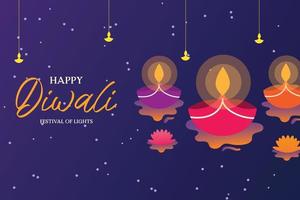 Happy Diwali festival horizontal background with oil lamps and flowers, vector illustration flat design