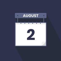 2nd August calendar icon. August 2 calendar Date Month icon vector illustrator