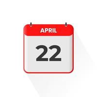 22nd April calendar icon. April 22 calendar Date Month icon vector illustrator