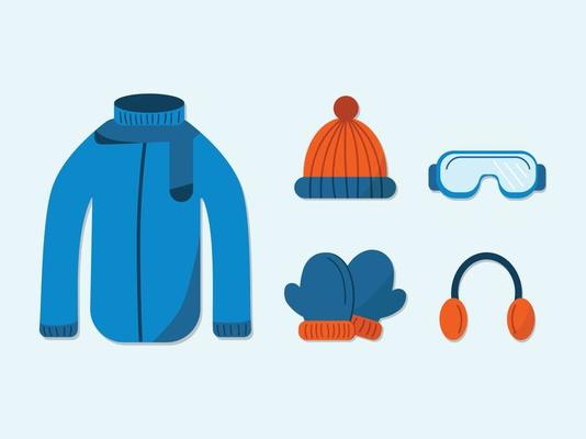 Set of winter clothes and winter items isolated illustration. Winter outfit.