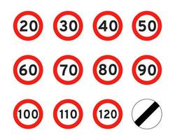 Speed limit 120, 110, 20, 30, 40, 50, 60, 70, 80, 90, 100, round road traffic icon sign flat style design vector illustration.