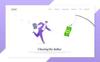 Money chase business concept with businessman running after dangling dollar and trying to catch it. vector