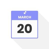 March 20 calendar icon. Date,  Month calendar icon vector illustration