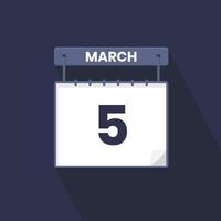 5th March calendar icon. March 5 calendar Date Month icon vector illustrator