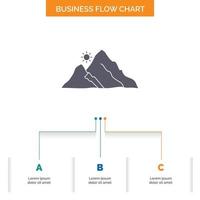 montaña. paisaje. Cerro. naturaleza. diseño de diagrama de flujo de negocios de sol con 3 pasos. icono de glifo para el lugar de plantilla de fondo de presentación para texto. vector