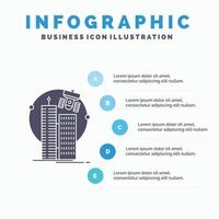 edificio. ciudad inteligente. tecnología. satélite. plantilla de infografía corporativa para sitio web y presentación. icono de glifo gris con ilustración de vector de estilo infográfico azul.