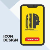 diseño. humano. gobernante. Talla. icono de glifo de pensamiento en el móvil para la página de descarga. fondo amarillo vector