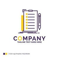 Company Name Logo Design For expertise. checklist. check. list. document. Purple and yellow Brand Name Design with place for Tagline. Creative Logo template for Small and Large Business. vector