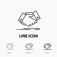 handshake. hand shake. shaking hand. Agreement. business Icon in Thin. Regular and Bold Line Style. Vector illustration