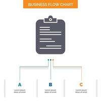 reporte. médico. papel. Lista de Verificación. documento de diseño de diagrama de flujo de negocios con 3 pasos. icono de glifo para el lugar de plantilla de fondo de presentación para texto. vector