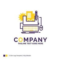 Company Name Logo Design For Type Writer. paper. computer. paper. keyboard. Purple and yellow Brand Name Design with place for Tagline. Creative Logo template for Small and Large Business. vector