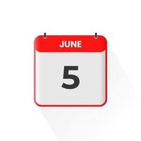 5th June calendar icon. June 5 calendar Date Month icon vector illustrator