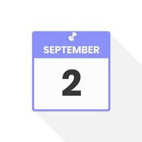 icono de calendario del 2 de septiembre. fecha, mes calendario icono vector ilustración