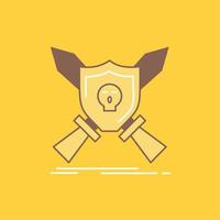 Badge. emblem. game. shield. swords Flat Line Filled Icon. Beautiful Logo button over yellow background for UI and UX. website or mobile application vector