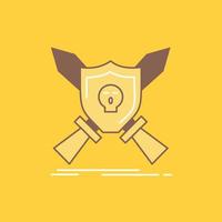 Badge. emblem. game. shield. swords Flat Line Filled Icon. Beautiful Logo button over yellow background for UI and UX. website or mobile application vector