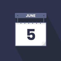 5th June calendar icon. June 5 calendar Date Month icon vector illustrator