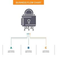 seguridad. cibernético cerrar. proteccion. diseño de diagrama de flujo empresarial seguro con 3 pasos. icono de glifo para el lugar de plantilla de fondo de presentación para texto. vector