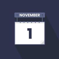 1st November calendar icon. November 1 calendar Date Month icon vector illustrator