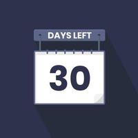 Faltan 30 días de cuenta regresiva para la promoción de ventas. Quedan 30 días para el banner de ventas promocionales. vector