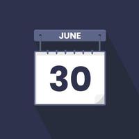 30th June calendar icon. June 30 calendar Date Month icon vector illustrator