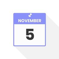 November 5 calendar icon. Date,  Month calendar icon vector illustration