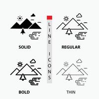 Mountains. Nature. Outdoor. Clouds. Sun Icon in Thin. Regular. Bold Line and Glyph Style. Vector illustration