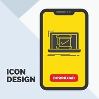 sistema. vigilancia. Lista de Verificación. bien. icono de glifo ok en el móvil para la página de descarga. fondo amarillo vector