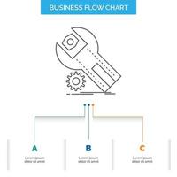 ajustes. aplicación instalación. mantenimiento. diseño de diagrama de flujo de negocio de servicio con 3 pasos. icono de línea para el lugar de plantilla de fondo de presentación para texto vector