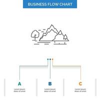 hill. landscape. nature. mountain. tree Business Flow Chart Design with 3 Steps. Line Icon For Presentation Background Template Place for text vector