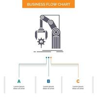 Automation. factory. hand. mechanism. package Business Flow Chart Design with 3 Steps. Glyph Icon For Presentation Background Template Place for text. vector