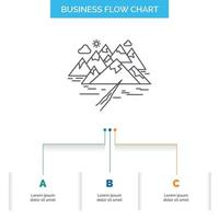 montaña. Cerro. paisaje. rocas diseño de diagrama de flujo de negocio crack con 3 pasos. icono de línea para el lugar de plantilla de fondo de presentación para texto vector