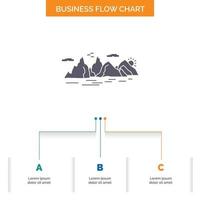 Mountain. hill. landscape. nature. cliff Business Flow Chart Design with 3 Steps. Glyph Icon For Presentation Background Template Place for text. vector