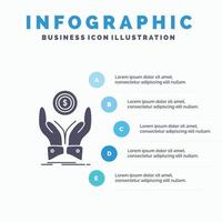 moneda. mano. pila. dólar. plantilla de infografías de ingresos para sitio web y presentación. icono de glifo gris con ilustración de vector de estilo infográfico azul.