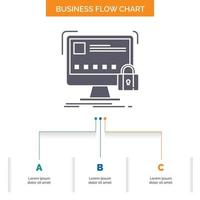 proteger. proteccion. cerrar. la seguridad. diseño de diagrama de flujo empresarial seguro con 3 pasos. icono de glifo para el lugar de plantilla de fondo de presentación para texto. vector