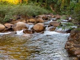 A long-exposure shot of a small creek flowing through a brown rock. And there are green trees as a backdrop. It is a specific focus. photo