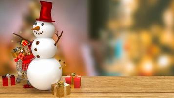 The snowman and shopping cart for holiday concept 3d rendering photo