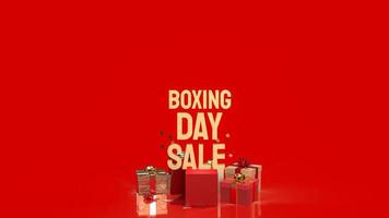 la caja de regalo y la venta del día del boxeo de texto dorado para el concepto comercial o publicitario representación 3d foto