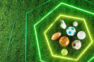 objeto de pelotas de fútbol, diseño de pelotas deportivas, concepto de elemento de fútbol, ilustración 3d, tecnología de fútbol abstracta, pantalla móvil de smartphone, campo de hierba verde, deporte en línea en vivo, negocio de deportes de casino foto