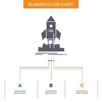 launch. startup. ship. shuttle. mission Business Flow Chart Design with 3 Steps. Glyph Icon For Presentation Background Template Place for text. vector