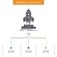 launch. startup. ship. shuttle. mission Business Flow Chart Design with 3 Steps. Glyph Icon For Presentation Background Template Place for text. vector