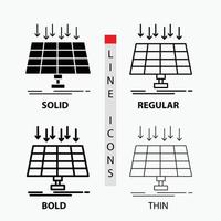 solar. panel. energía. tecnología. icono de ciudad inteligente en fino. regular. línea en negrita y estilo de glifo. ilustración vectorial vector