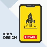 cohete. astronave. puesta en marcha. lanzar. icono de glifo de juego en el móvil para la página de descarga. fondo amarillo vector