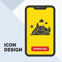 hill. landscape. nature. mountain. tree Glyph Icon in Mobile for Download Page. Yellow Background vector