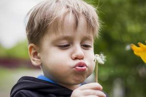 A happy boy on a spring day in the garden blows on white dandelions, fluff flies off him. The concept of outdoor recreation in childhood. Portrait of a cute boy. photo