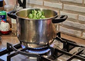 Saucepan on gas stove with parsley dish being prepared photo