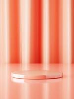 3d pink ceramic display podium on table against white curtain background. 3d rendering of realistic presentation for product advertising. 3d illustration. photo