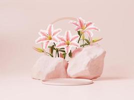 3d minimal display podiums with pink flower and stones on pink background. 3d rendering of abstract presentation for product advertising. 3d minimal illustration. photo