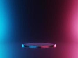 3d silver flat display podium between blue and pink light on dark background . 3d rendering of presentation for product advertising. 3d minimal illustration. photo